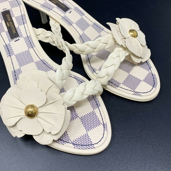 LOUIS VUITTON Damier Azul Flower Sandals #36 US 6 Heels Mules Ivory - Picture 3 of 11
